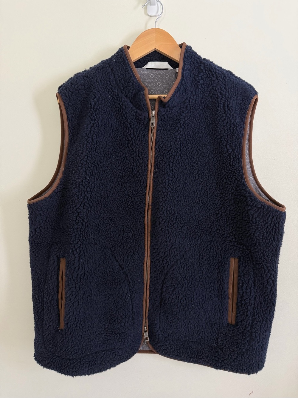 NWT Peter Milar Mountainside Navy Sherpa Fleece Vest with Brown Trim